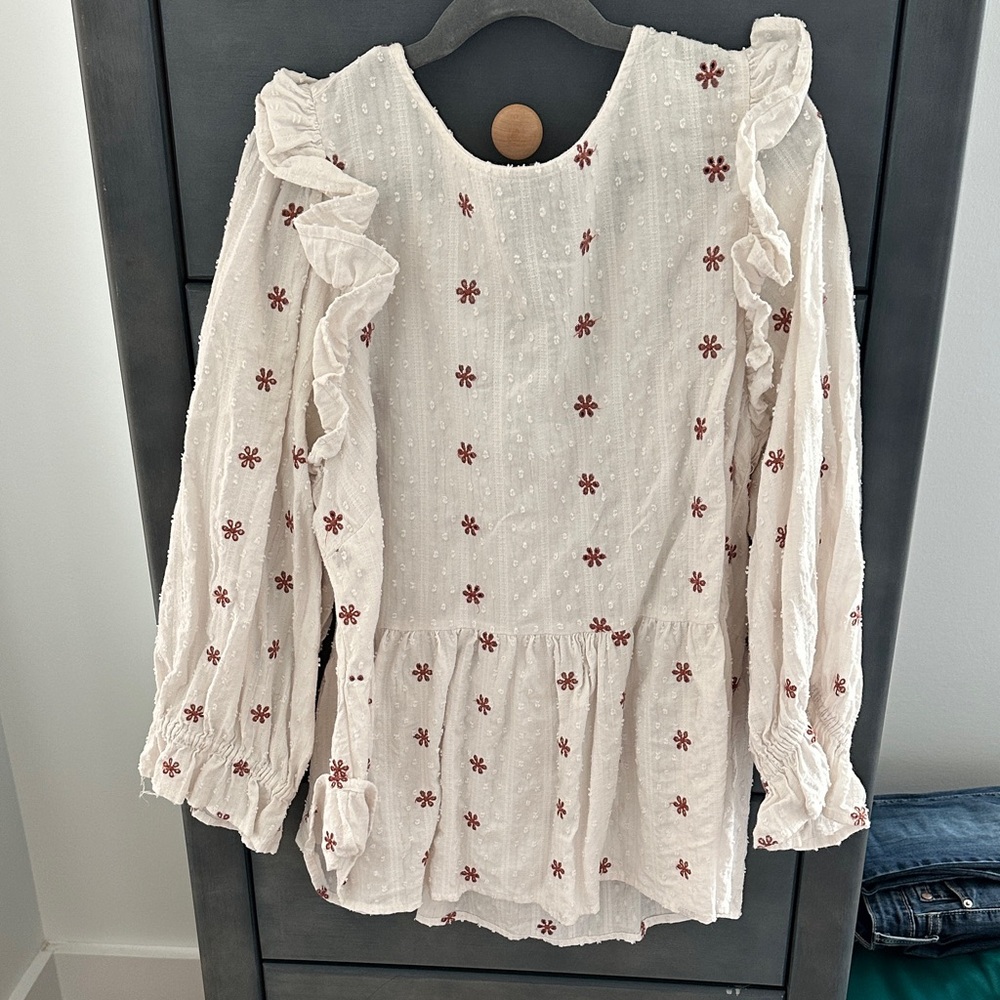 Universal Thread Cream Peplum Blouse with Rust Floral Embroidery